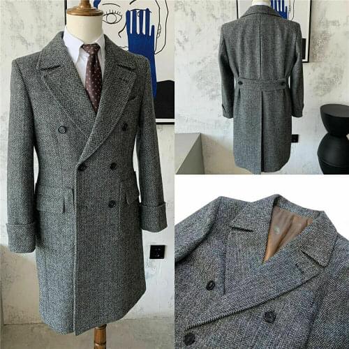 Spring/Winter Wool Blends Customzied Herringbone Long Sleeves Grey Overcoat 2021 Men Trench Suits For Wedding Jacket New Arrival