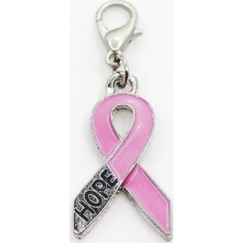 Hot Selling 12pcs/lot Pink Cancer Ribbon Hope Dangle Charms Lobster Clasp DIY Bracelet Necklace Pendants Jewelry Hanging Charms