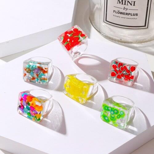 Summer Colourful Transparent Resin Strawberry Geometric Square Rings Set for Women Jewelry Travel Gifts