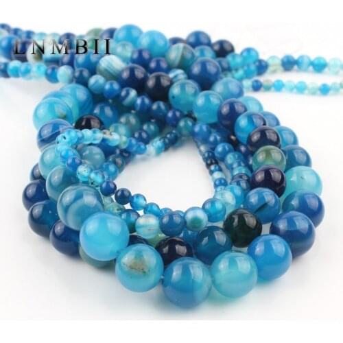 Natural Stone Blue Stripe Agates Bead Smooth Round Loose Spacer Beads For Jewelry Making DIY Bracelet Earrings 4 6 8 10 12mm 15"