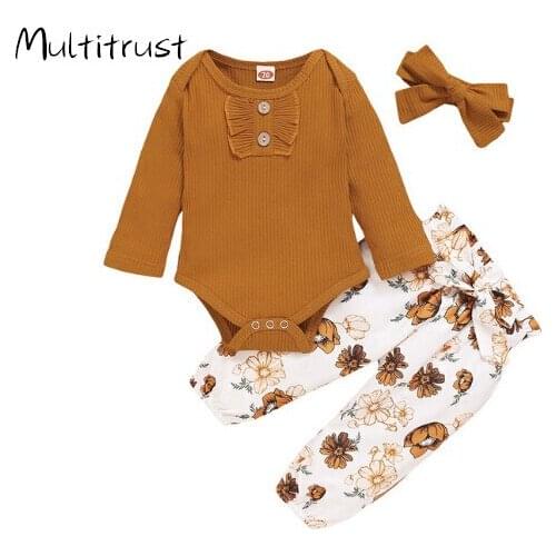 Newborn Baby Girls Clothes Long Sleeve Ruffles Knitted Rompers Tops +Floral Long Pants+Headband Infant Baby Girls Clothing Sets