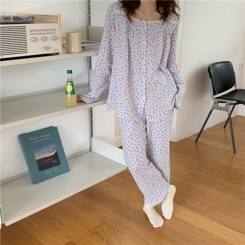 3 color kawaii cherry print sleepwear lacework pijamas korean pyjamas long sleeve autumn spring home clothes cotton gauze L440