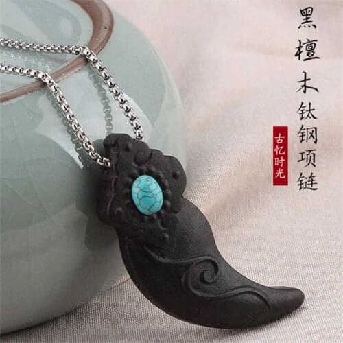 Vintage Sandalwood Natural Stone Pendant Necklace for Women and Girls Long Sweater Chain Adjustable Jewelry Gift Souvenir