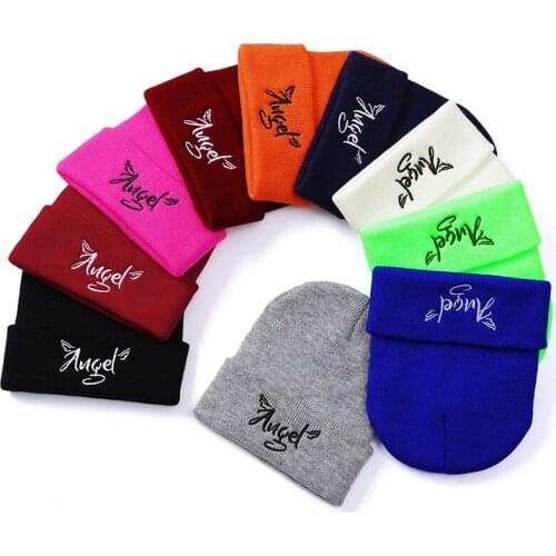 Q Angel Letters Embroidery Knitted Hat Female Men Beanie Hat Boy Girl Kids Candy Color Keep Warm Autumn Winter Cap For Female