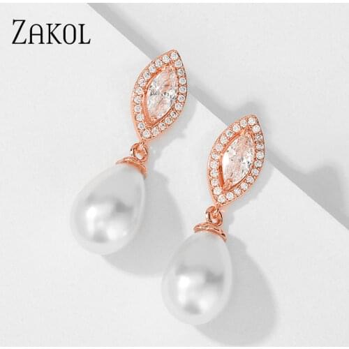 ZAKOL Fashion Design Elegant White CZ Zircin Drop Earings With Imitation Pearls For Women Female Jewelry FSEP2549