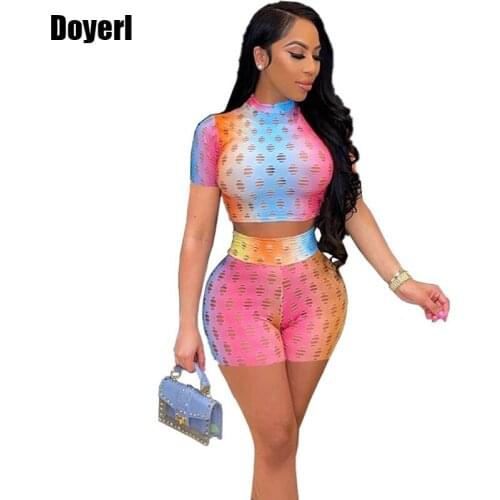 Crop Top and Shorts Two Piece Set for Women Matching Sets Summer Hollow Out Sexy 2 Piece Club Outfits for Women 2021 Shorts Set