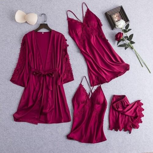 Sexy 4PCS Pajamas Set Womens V-Neck Cami Nighties Wear Pijama Home Nightwear Lingerie Nighty Robe Gown Suit Spring Lace Nighties