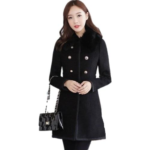 Autumn Winter Woolen Trench Lady Wool Blend Warm Long Jacket Outerwear Fur Collar Cashmere Coats Women