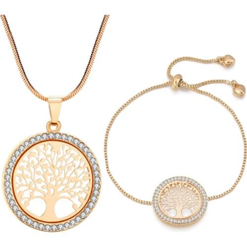 Gold Tree Of Life Jewelry Sets For Women Same Size Pendant Necklace Crystal Charm Bracelet Jewellery Valentines Day Gifts 2020