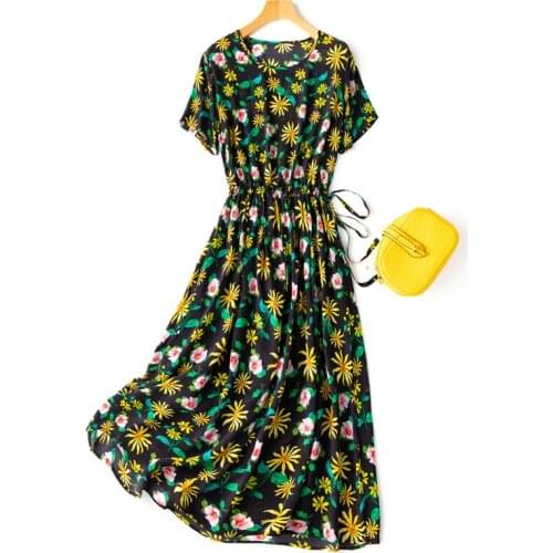 Womens 100% Silk luxury Fashion Heavy Long Dress Half Sleeve Elegant Round Neck Fashion Black Flower L1192