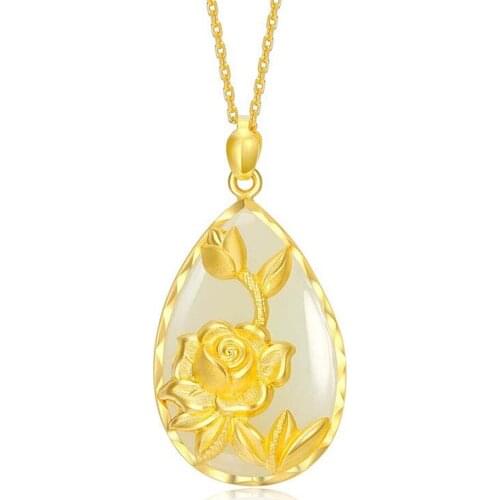 Vintage flower white jade gemstones pendant necklaces for women 14k gold color choker jewelry bijoux bague party accessory gift