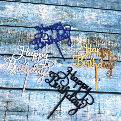 Gold Silver Black Blue Acrylic Hand Writing Happy Birthday Cake Topper Dessert Decorations For Birthday Party Cake Decoration