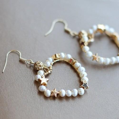Safe 925 sterling silver hook handmade high quality gold stars natural real pearl beaded lady large earring jewelry wedding