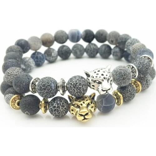 Natural Weathering Antique Color Buddha Leo Lion Head Bracelet Black Lava Stone Beaded Bracelets For Men Women Pulseras Hombre