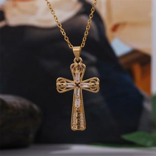 High Quality AAA Zircon Copper Metal Hollow Cross Necklaces & Pendants For Women Gold Color Stainless Steel Chain Necklace Gifts
