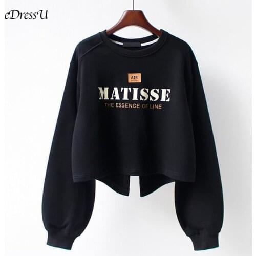 EDressU 2021 Woman Sweatshirt Short Loose Pullover Casual Jumper Black Letter Tops Daily Outwear XMM-864