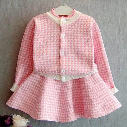 Girls Sets ChildrenS Clothing Autumn Winter New Plaid Korean Student Suit Knit Cardigan Sweater+ Short Skirt 2pcs Kids Outfits