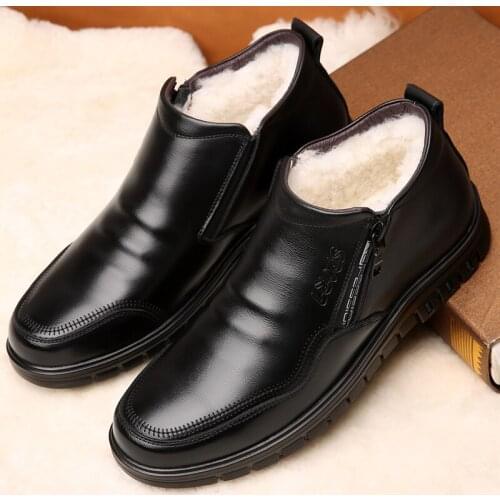 Mens Genuine Leather winter boots White Sheep Fur Boots Warm Casual Shoes Wool Blend Side Zip Shoes zapatos hombre