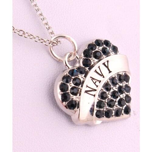 New Arrival rhodium plated zinc studded with sparkling crystals NAVY heart pendant wheat chain necklace