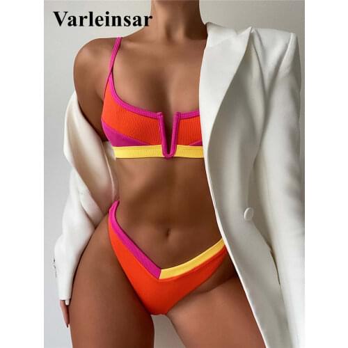 Sexy Splicing V Shaped Bikini Female Swimsuit Women Swimwear Two-pieces Bikini set Mid Waist Bather Bathing Suit Swim Lady V2839