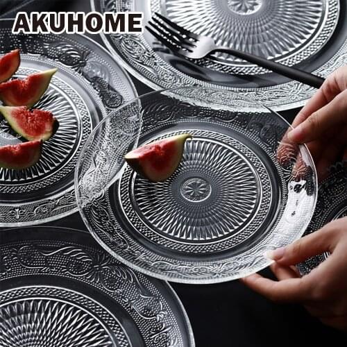 Nordic Embossed Glass Plate Lead Free Fruit Dessert Snack Plate Creative Home Dried Fruit