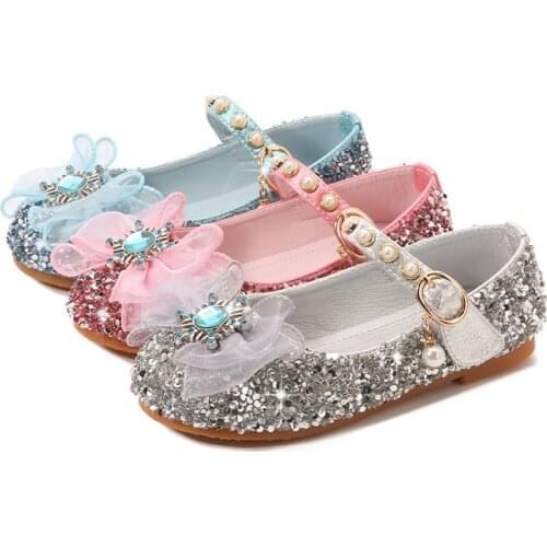 Girls Leather Shoes with Rhinestone Crystal Children Princess Flats Lace Bow-knot for Cosplay Fashion Classic Snowflake Sweet