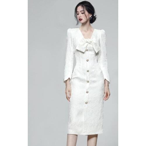Vintage Solid White Bodycon A-line Dress Women Elegant Bow Neck Slim Waist Pencil Dresses Long Sleeve Office Lady Vestidoes