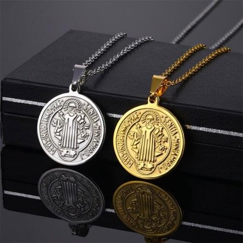 Vintage St. Benedict Medal San Benito Pendant Women Gold Color Stainless Steel Jesus Pendants & Necklaces For Religious Jewelry