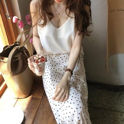 Women Summer White Long Polka Dot Skirt Elegant A-line High Waist Casual Lacing Wrap Skirts