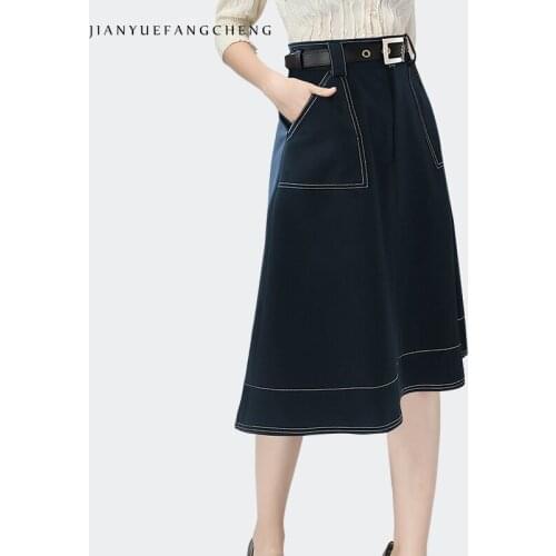 Ladies Casual Cover Belly Mid-Length Navy Skirt Female Summer 2021 New Fitted Waist Slimming Pockets A-line Skirts Plus Size