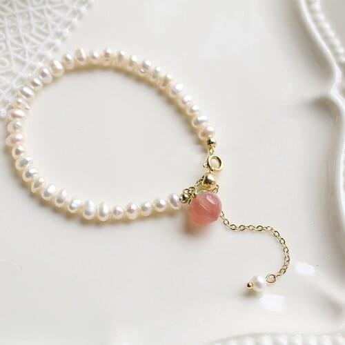 Sweet Fruit Peach Pink Agate Natural Freshwater Pearls Beads Handmade Strand Bracelets for Women Ladies Fashion Jewelry YBR260