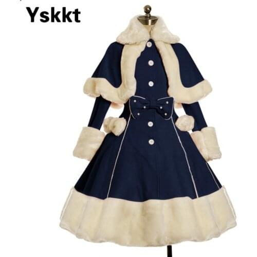 Yskkt Women Lolita Autumn Coat Warm Fur Collar Bowknot Dress Jacket Fashion Sweet Princess Breasted Overcoat Halloween Costume