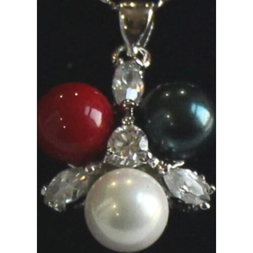 Womens fashion silver plated metal micro inlaid white zircon + Black + white + Red Shell Pearl Pendant Necklace