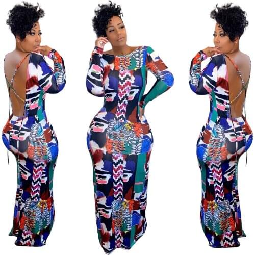 Echoine Stylish Women Sexy Backless Printed O-Neck Floor Length New Dress