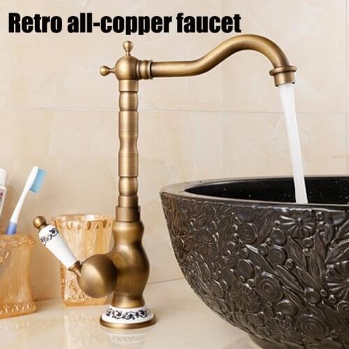 1PC Retro Deck Mounted Single Handle Hole Bathroom Sink Mixer Faucet Antique Brass Hot and Cold Water Face Mixer Tap