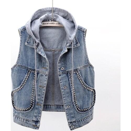 2020 Spring Autumn Rivet Pocket Hooded Denim Waistcoat Jacket Women Casual Short Sleeveless Coat Plus size Jeans vest Streetwear
