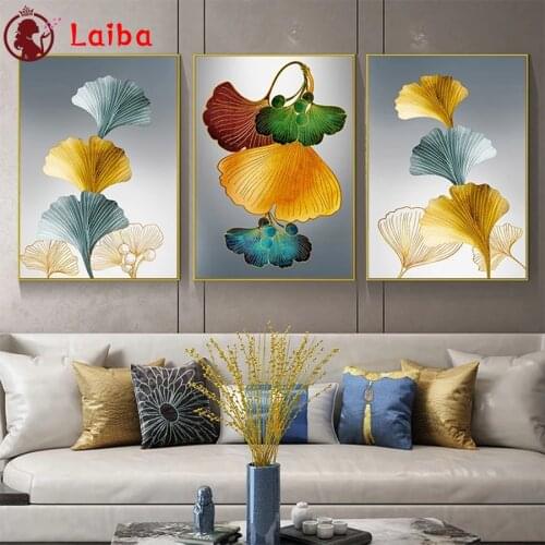 DIY Diamond Painting Modern art, golden blue leaves Diamond Mosaic Full Drill Square Embroidery Cross Stitch Handmade Hobbyx3pcs