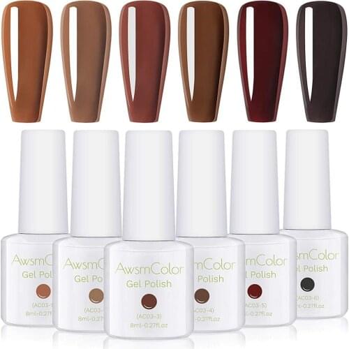AwsmColor Gel Nail Polish Set, Caramel Color LED Soak Off Nail Gel Kit, Caramel Hair Brown Color Christmas Nail Art, 6 Bottles