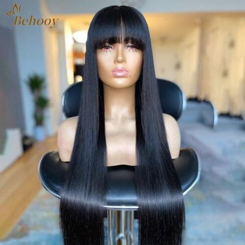 Behooy Long Silky Straight Synthetic Lace Front Wigs Heat Resistant Fiber Wigs With Full Bangs Fringe Wigs For Black Women