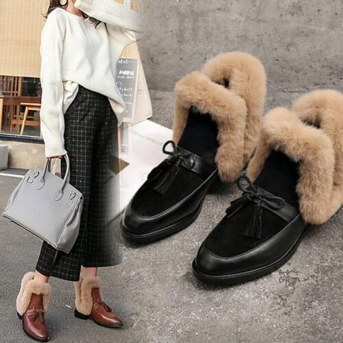 2020 winter womens ankle boots round toe low heel short plush warm women boots bowknot genuine leather womens shoes