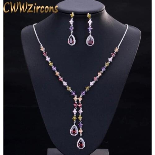 CWWZircons Elegant Multicolored Cubic Zirconia Stone Long Dangle Drop Party Jewelry Sets for Women Necklace and Earring Set T226