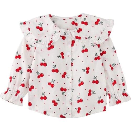 DFXD New Spring Fashion Blouses For Girls Long Sleeve Cherry Print Turn Down Collar Kids Shirt Tops 1-5T Toddler Girl Clothes