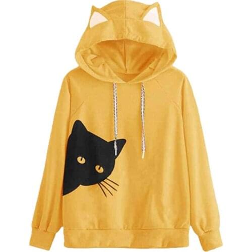 Women Sweatshirts Casual Hoodies For Lady Girl Cat Looking Out Side Print Funny Hipster Jumper Drop Ship