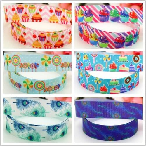 DUWES 7/8'' Free shipping cupcake peacock feather printed grosgrain ribbon hairbow headwear party decoration 22mm OEM D616