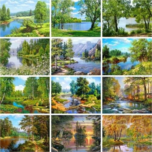 Huacan Square/round Diamond Painting Full Drill Forest Scenery Mosaic Tree River Embroidery Home Decor Diamond Art