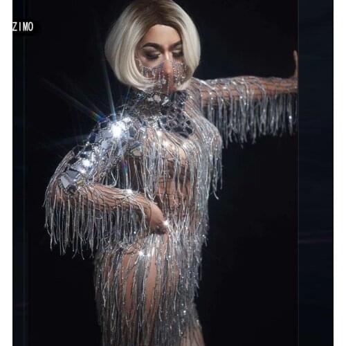 Fashion Silver long sleeve short dress bodycon Rhinestone Fringe sequin Birthday sexy party club Dress for women bar stage Dance