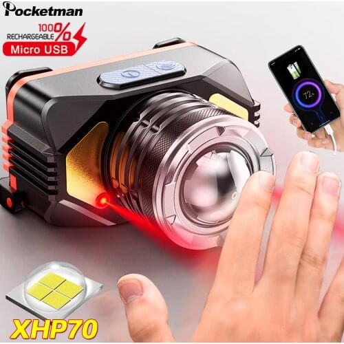 60000LM Powerful XHP70 LED Headlight Sensor Head Light USB Rechargeable Headlamp Head Torch Camping Light With Built in Battery
