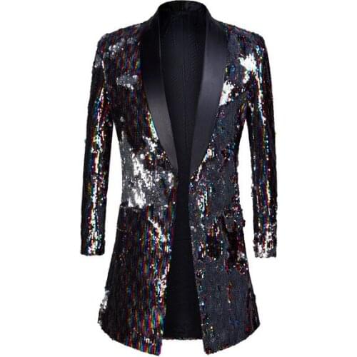 2019 Male Fashion Shawl Lapel Double-sided Colorful Sequins Long Suits Jacket Blazer Masculino Slim Fit Men DJ Singer Costume