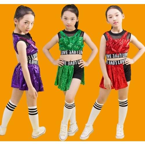 New Children Hip Hop Dance Costumes For Girls Sequins Jazz Dance Costumes Rave Clothes Cheerleaders Costumes Stage Wear DQS7003