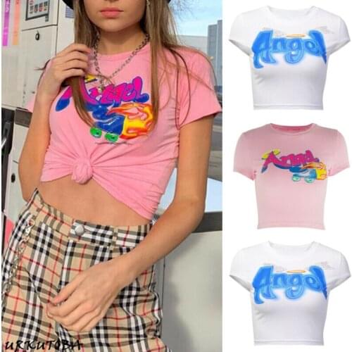 New Women Slim Tops Casual Printed Crop Tops Short Sleeve Letter Printed T-Shirt Cami Clubwear